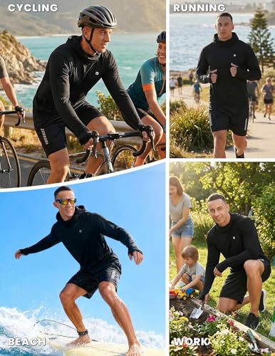PINSPARK UPF 50+ Sun Protection Hoodie Men with Mask Quick Dry Long Sleeve Fishing Hiking Shirts UV Rash Guard Lightweight - color: Black, size: XX-Large
