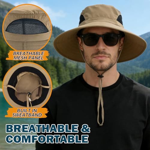 Wide Brim Sun Bucket Hat, Waterproof Boonie Hat for Men & Women | UPF 50+ UV Protection, Adjustable Fit, Chin Strap & Sweatband, Foldable Durable for Fishing Hiking Garden Beach - color: 01 Camel