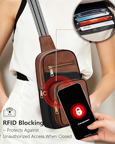 Anti Theft Crossbody Bags for Women RFID Leather Sling Purses,Crossbody Bags Travel Leather Fanny Pack for Women - color: Black+brown