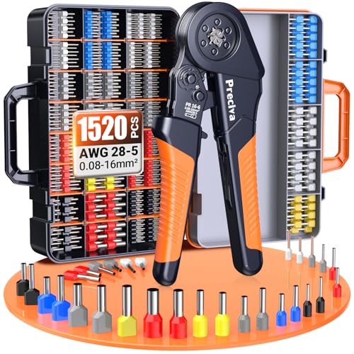Preciva 1520PCS Ferrule Crimper Tool Kit - AWG 28-5 (0.08-16mm²) Hexagonal Ferrule Crimper, Self-Adjusting Ratchet Tool & Complete Ferrules Set, for Industrial, Automotive and Home Electrical Wiring