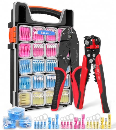 Kuject Crimping Tool Kit with 340 PCS Heat Shrink Connectors | AWG 22-10, Portable All-in-One Case, Ratchet Crimper, Self-Adjusting Wire Stripper , Butt, Ring, Female & Male Connectors
