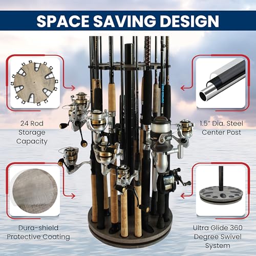 Rush Creek Creations Fishing Rod Holder - 360 Spinning Rack for Garage Organization and Storage, Pole Holder for Reels, Gear, Accessories, Tackle Box - color: Barn Wood, style: 24 Spinning