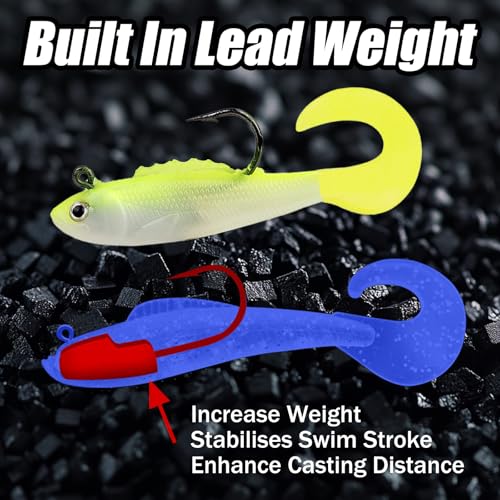Fishing Lures with Jig Heads Treble Hooks 6pcs 2.36in/0.14oz FS/RE-12 | 6pcs Soft Plastic Swim Baits,Tackle Box,for Bass Crappie Trout, Saltwater and Freshwater, Fishing Tackle