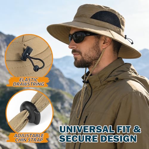 Wide Brim Sun Bucket Hat, Waterproof Boonie Hat for Men & Women | UPF 50+ UV Protection, Adjustable Fit, Chin Strap & Sweatband, Foldable Durable for Fishing Hiking Garden Beach - color: 01 Camel