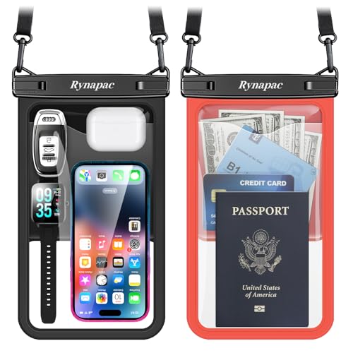 Rynapac Large Waterproof Phone Pouch [Up to 10"] - 2 Pack IPX8 Waterproof Phone Case for iPhone 17 16 15 Pro Max Galaxy S26 Ultra, Touchscreen & Underwater Photography, Beach Cruise Essentials 2026 - color: [Black + Orange] Large Waterproof Phone Pouch, s