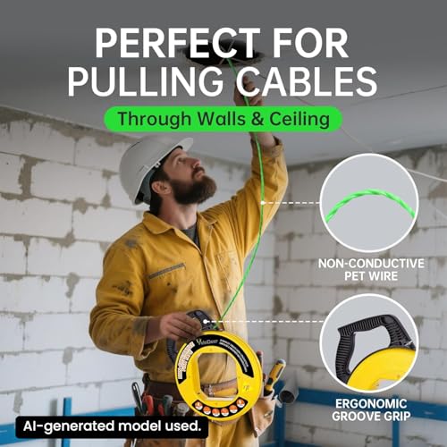 Non-Conductive Fish Tape Wire Puller 100 FT x 4.5 mm with Gloves, Flexible PET Wire Fishing Tools for Walls and Electrical Conduit, Rust-Proof - size: 100 ft