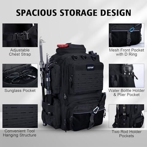 Goture Fishing Backpack with 4 Tackle Boxes,900D Water-Resistant Tackle Backpack with Rod Holders,45L Large Fishing Bag Storage Gear Tackle Bag with Rain Cover,Bottle Holder for Travel Camping Hiking - color: A1:black With 4 Tackle Boxes
