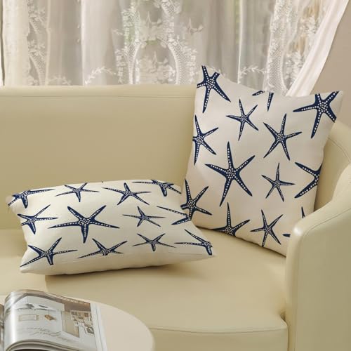 Navy Blue Starfish Pillow Covers 18x18 Inch Set of 2 Coastal Throw Pillows Spring Summer Nautical Ocean Theme Beach Decorative Pillow Cases Linen Outdoor Decor Cushion Case for Home Bedroom - color: Navy Blue Starfish 3, size: 18" x 18" (Pack of 2)