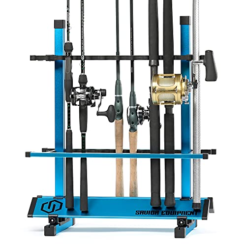 Savior Equipment Fishing Rod Rack Holder Organizer, 24-48 Slots to Hold Fresh Salt Water Spinning Rods & Reel Combo, Lightweight Aluminum Vertical Fish Pole Garage Storage Ground Display Stand - color: Ocean Blue, size: 24-Slots