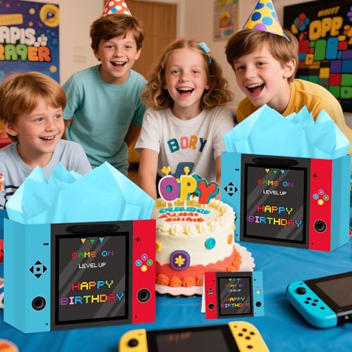 Hooqict Large Video Game Birthday Gift Bag Happy Birthday Gift Wrapping Bag with Handles, Tissue Paper and Greeting Cards for Kids Boys Men Gamer Themed Party Supplies - color: Video Game