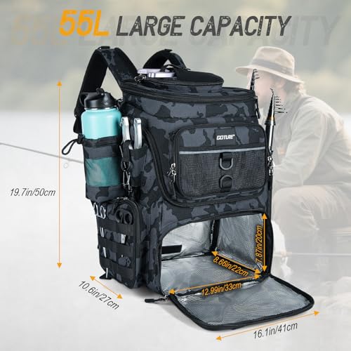 Goture Fishing Backpack, 900D Water-Resistant Tackle Bag with Rod Holders, Insulated Cooler Compartment, 55L Large Capacity Fishing Gear Storage for Saltwater&Freshwater Camping Hiking,Gifts for Men - color: A2:camo(without Tackle Boxes)