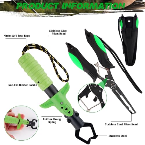 Hikary 10 Pcs Fishing Tool Kit,Folding Fishing Net Set with Storang Bag,Pliers with Lanyard and Protective Sheaths,Hook Remover,Fish Gripper,Fish Scale,Scissors for Fisherman Travel Gifts - color: Green