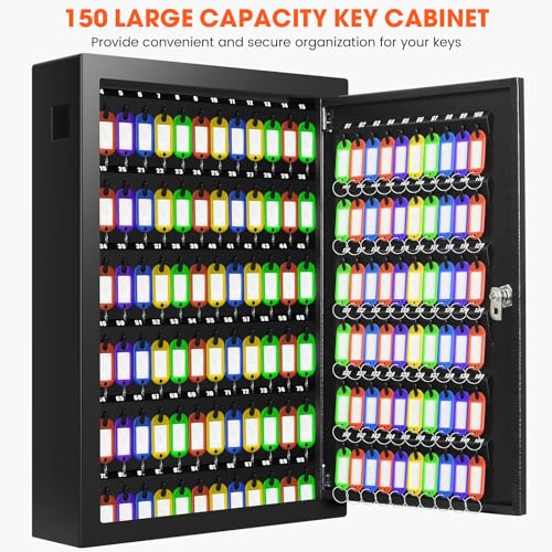 Nebakne 150 Keys Cabinet Organizer Wall Mount, Heavy Duty Key Lock Box with Key Hooks & 150 Tags Key Labels, Security Lockbox for Valets, Hotels, Car, Office Key Management & Storage - color: Black, size: 150 Key Hook