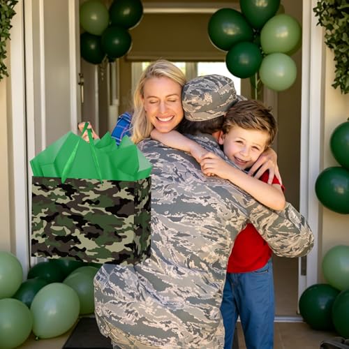 Hooqict Large Camo Gift Bag Camouflage Birthday Gift Wrap Bag with Handles, Tissue Paper, Greeting Cards for Kids Boys Men Military Army Birthday Party Decorations Goodie Treat Party Favors - color: Camo