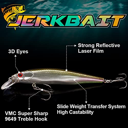 XFISHMAN Jerkbait Kit - Minnow Lure - Suspending - Bass, Smallmouth Bass, Walleye, Largemouth Bass - 1 Piece - color: Smokin Shad, size: 85mm（3-1/3"in）