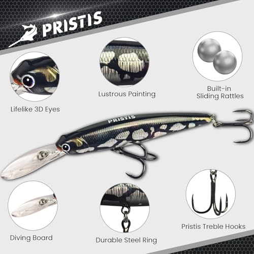 Pristis Minnow Fishing Lure, Long Casting Crankbait with Sharp Treble Hooks, Saltwater Freshwater Hard Bait Plug Set Tackle Kit with Precise Weight & Exquisite Coating for Crappie Bass Pike - color: Suspending-Obsidian Silver