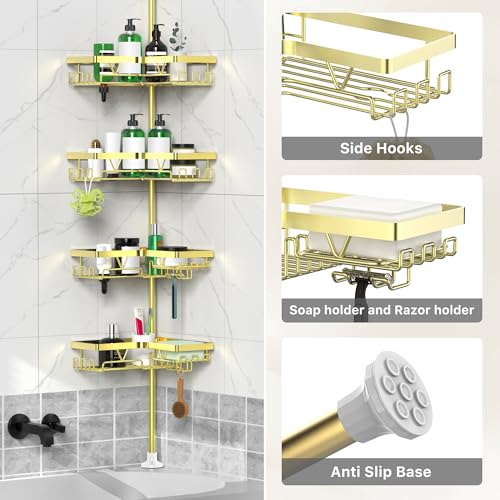 DAOYA Shower Caddy Tension Pole - Gold Corner Shower Caddy Stainless Steel Bathroom Shower Organizer for Tub Tension Rod Corner Shower Shelves(25-114inch) - color: Gold