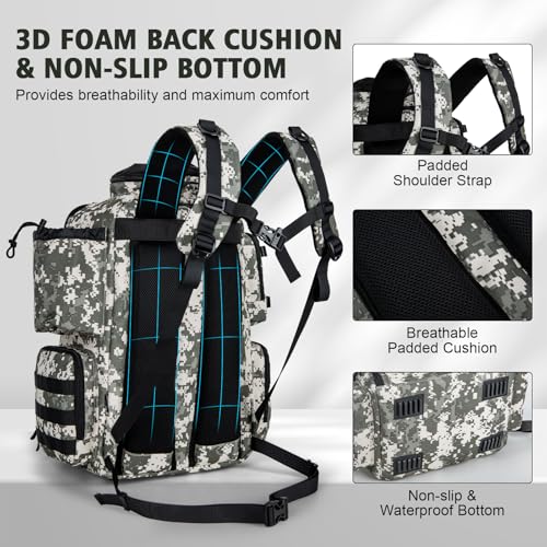 Goture Fishing Backpack,900D Water-Resistant Tackle Backpack with Rod Holders, SBS Zippers,45L Large Fishing Bag Storage Gear Tackle Bag with Rain Cover, Bottle Holder for Travel Camping Hiking - color: A1:72# Camo(Only Bag), size: Without Tackle Boxes