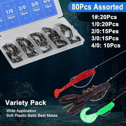 80PCS High Carbon Steel Bass Fishing Hooks, Weedless Worm Hooks, Wide Gap Hook, Gear for Catfish, Trout, Bass, Octopus, Freshwater & Saltwater Fishing Kit #1 1/0 2/0 3/0 4/0
