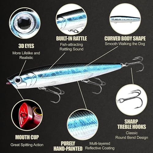 LUCKY CRAFT Gunfish 95 3 Hook Freshwater Fishing Lures and Bait for Bass Fish, Topwater Fish Line, Surface Bait with Treble Hooks, Fishing Gear for Tackle Box - color: 052 Aurora Black
