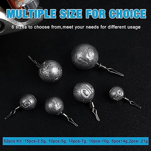 Drop Shot Weights Kit, 52pcs Round Fishing Weights Sinkers Bass Casting Drop Shot Sinkers Rig Cannonball Weights Assorted Set for Bass Fishing Freshwater Saltwater