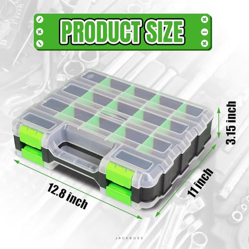 Jack Boss Tool Box with Transparent Lid, Double Side 34-Compartments Organizer Box with Removable Dividers for Hardware, Screws, Bolts, Nails, Beads, Jewelry and Fishing Accessories, Green, 2 Pack - color: Green, size: 2 PACK