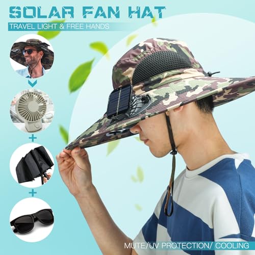 Berlune Sun Hat with 2 Solar Fan Wide Brim Fishing Bucket Hat USB & Solar for Men Women UPF 50+ Cooling for Fishing Beach - color: Camouflage Army Green, size: 5.9 Inch Brim
