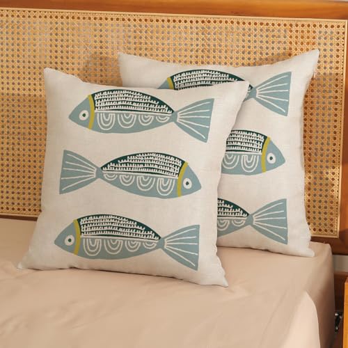 Coastal Pillow Covers 18 x 18 Inch Set of 2 Ocean Beach Blue Fish Throw Pillows Summer Natical Outdoor Decorative Pillow Cases Linen Farmhouse Cushion Case for Couch Home Sofa Bedroom Decor - color: Blue Fish, size: 18" x 18" (Pack of 2)