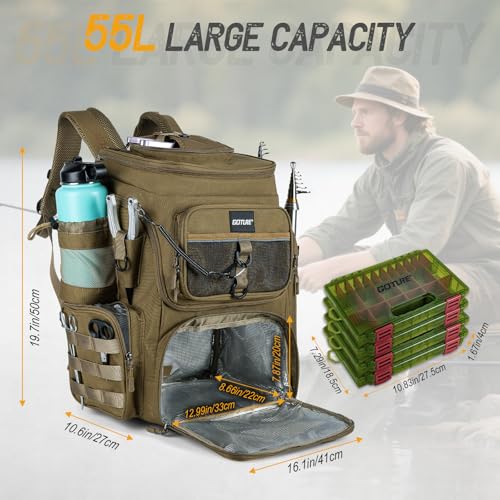 Goture Fishing Backpack with 4 Tackle Boxes, 900D Water-Resistant Tackle Backpack with Rod Holders,Insulated Cooler Compartment, 55L Large Capacity Fishing Gear Storage Bag for Saltwater & Freshwater - color: A3:khaki(4 Tackle Boxes Included)