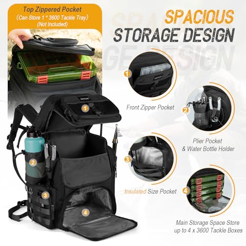 Goture Fishing Backpack with 4 Tackle Boxes, 900D Water-Resistant Tackle Backpack with Rod Holders,Insulated Cooler Compartment, 55L Large Capacity Fishing Gear Storage Bag for Saltwater & Freshwater - color: A3:black(4 Tackle Boxes Included)