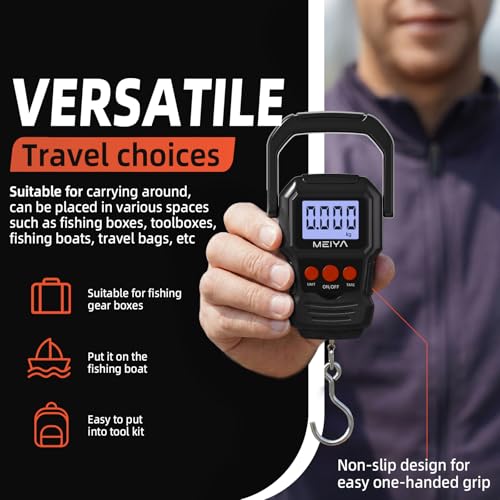 MEIYA Digital Fish Scale with Backlit LCD Display Up to 110lb/50kg for Anglers, Accurate Luggage Scale for Travel, Outdoor, Home Use, Includes 2 AAA Batteries and Hook, Essential Fishing Gear