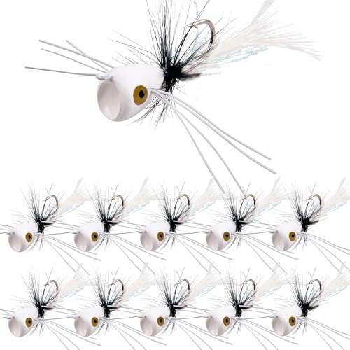 Fly Fishing Popper Lures Kit,Bass Poppers Flies Dry Fly Fishing Flies Panfish Bluegill Popper Bait Bug with Hooks for Freshwater - color: White-10pcs