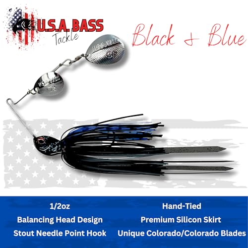 USA BASS Tackle Apache Attack Spinnerbait Type II Largemouth Smallmouth Spotted Bass Premium Fishing Bait Handtied Skirt Custom Blades Heavy Duty Hook New for 2025 - color: Black & Blue, size: 1/2oz - Colorado/Colorado