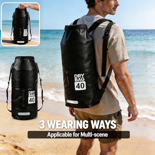 40L Waterproof Dry Bag - Floating Heavy Duty PVC Dry Sack - for Boating, Fishing & Beach - Backpack Style Waterproof Bag for Men & Women - color: Black, size: 40L