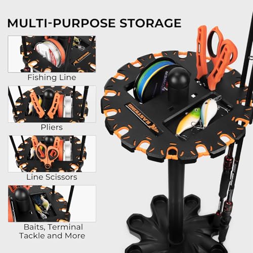 KastKing V16 Rotating Fishing Rod Holder for Garage, Floor Rack Holds Up to 16 Rods & Combos, Space-Saving Pole Organizer with Foam, Durable ABS, Fishing Gear Storage Gift for Men - size: V16 with Rotating Base