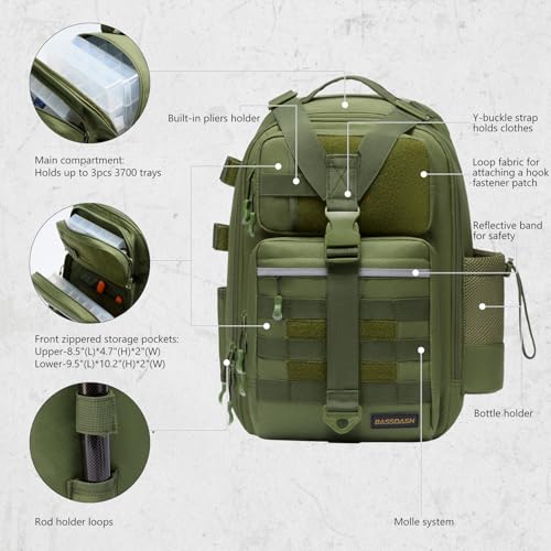 BASSDASH Convertible Fishing Backpack Sling Bag with Rod Holder, Adjustable Tactical Water-Resistant Tackle Storage Pack FP07 - color: Army Green, size: Large