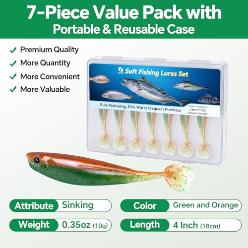 Clearance Bionics-Designed Durable Soft Plastic Fishing Lures Kit with Bonus Accessories, 3/4/5/6 Inch, 9-Type Lifelike Swimbaits in One Gear Set Included Tackle Box for Bass - color: Orange and Green