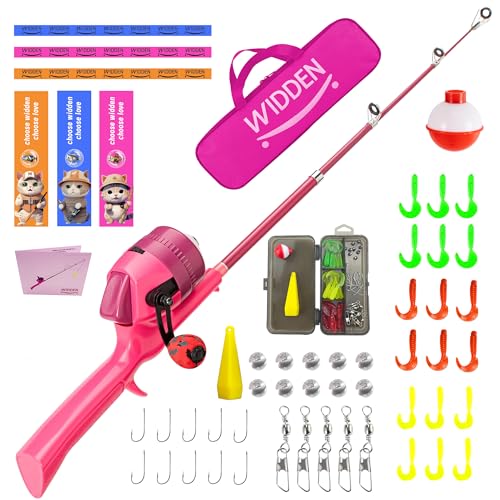 Kids Fishing Pole, Telescopic Fishing Rod, Toddler Collapsible Fishing Rod and Reel Combo with Tackle Box, Fishing Line, Bobber, and Soft Lures for Boy, Girl, Youth, Beginner, Over 4 Years Old - color: pink