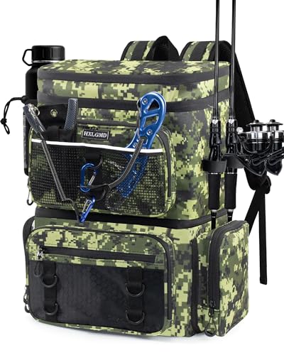 HXLGMD Fishing Backpack with Rod Holders, Double Layer Large Water-resistant Tackle Bag Store Gear with Cooler, Green - color: Green Camouflage