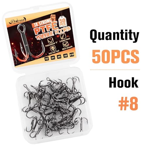 Dovesun Fishing Treble Hooks, Triple Hooks 3X Strong Professional V, 50PCS High Carbon Steel Replacement Fishing Hooks for Saltwater and Freshwater, Sizes #10#8#6#4#2 - color: PTFE Coating, size: #8 * 50PCS