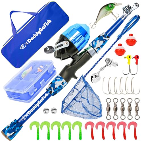 DaddyGoFish Kids Fishing Pole - Rod Reel Combo Tackle Box Starter Set - First Year Small Gear Kit for Boys Girls Toddler Youth Age Beginner Little Children - color: Blue (Essential Set), size: 4ft
