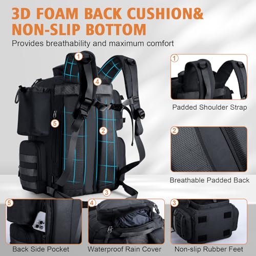 Goture Fishing Backpack, 58L 900D Water-Resistant Insulated Tackle Backpack with Cooler, Rod Holders, 8 Lure Pockets, Detachable Crossbody Bag, Gear Storage Large Fishing Bag for Camping Hiking - color: Black