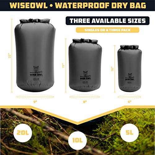 Wise Owl Outfitters Waterproof Dry Bag 3-Pack – Lightweight & Airtight 5L/10L/20L Small & Large Dry Bags for Kayaking, Beach, Travel, Boating, Hiking - color: Grey