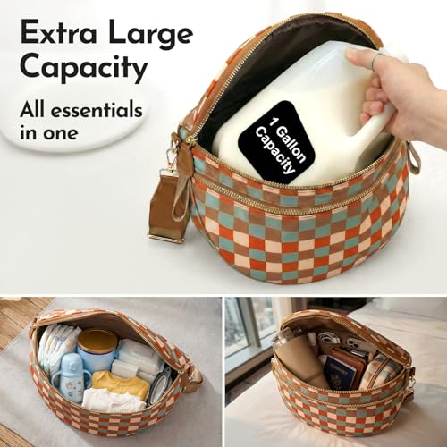 Crossbody Bags for Women, Spacious Nylon Belt Purse Fanny Packs, Crescent Oversized Checkered Bum Bag (Strawberry Print - Blue) - color: Strawberry Print - Blue