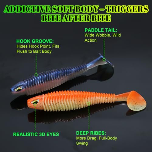MAFIMOEA 40/30/25Pcs Paddle Tail Swim Baits Lures Fishing Soft Plastic Lure Kit for Bass Trout Walleye Crappie 6.5cm 7.5cm 10.5cm - color: Blue, size: 4.13IN/10.5CM - 20PCS