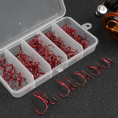 Fishing Treble Hooks Kit 90pcs High Carbon Steel Strong Sharp Round Bend Red Treble Fishing Hooks for Catfish Trout Hard Baits Lures Saltwater Freshwater, Size 2# 4# 6# 8# 10#