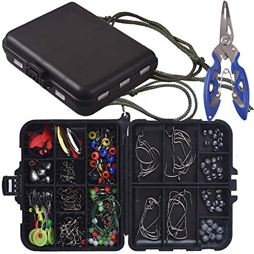 Newk 188PCS Fishing Accessories Kit, Jig Hooks, Bullet Bass Casting Sinker Weights, Fishing Swivels Snaps, Sinker Slides, Fishing Set with Portable Tackle Box