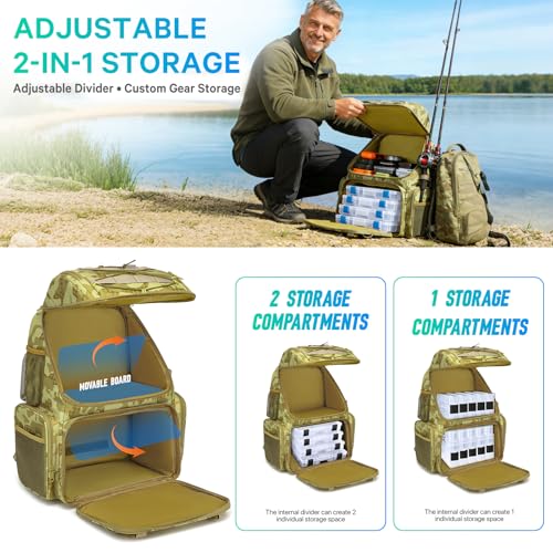 RUCYEN Fishing Backpack, 45L Large Cooler Fishing Tackle bag with Rod Holders & Rain Cover, Water-resistant Store Gear (Khaki Camo) - color: Khaki Camo
