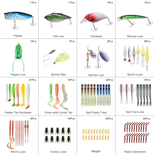 TRUSCEND Complete Fishing Lures - Tackle Box with Tackle Included - Crankbaits, Minnows, Frogs, Vibes, Poppers, Spinners, Spoons, Soft Baits, Hooks & Weights Accessories Kit for Bass Panfish Trout - color: D-340pcs Premium Kit