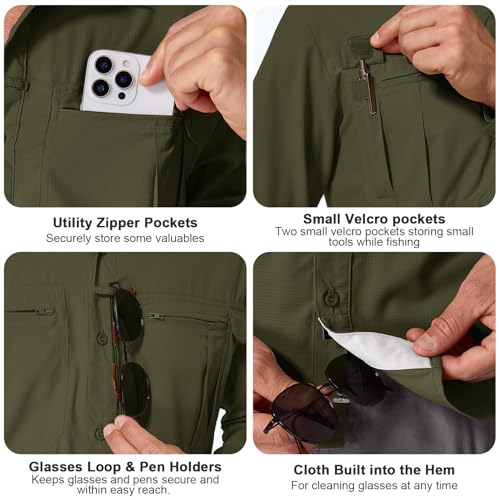 Men's Sun Protection Safari Fishing Shirts Long Sleeve UPF50+ UV Quick Dry Lightweight Cooling Hiking Travel - color: Olive Green, size: Large